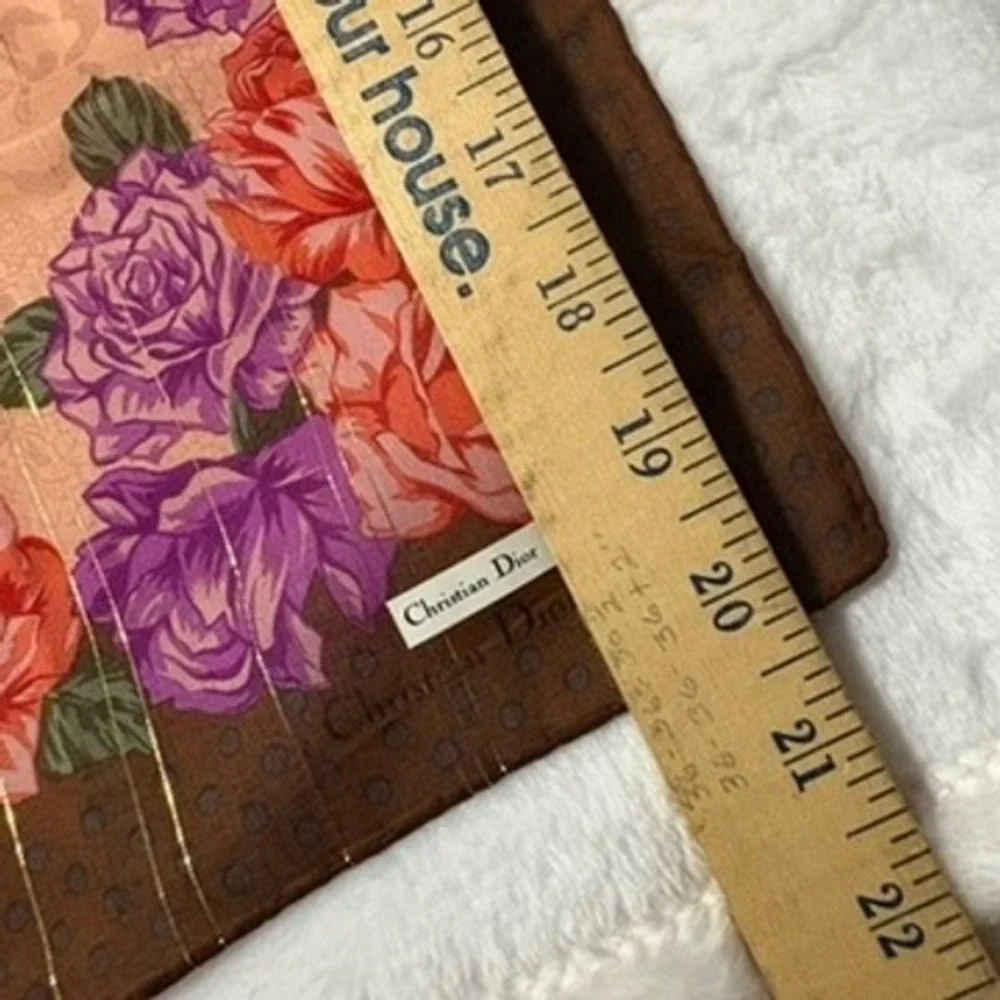 Vtg CHRISTIAN DIOR Scarf Handkerchief Floral Rose Brown Pink Purple 20.5